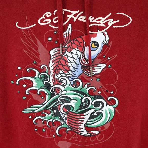 Ed Hardy Sweatshirt Womens L Cropped Koi FIsh Print Hoodie Red Long Sleeve Fit - Picture 2 of 10